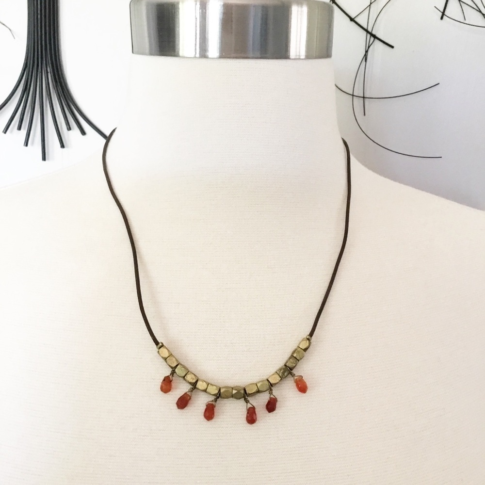 Fossil Gold Beaded With Red Stones With Brown Corded Chain Necklace